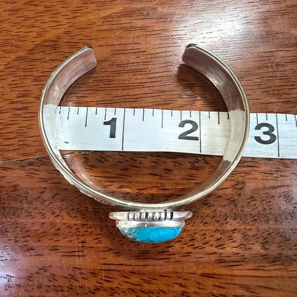 Sterling Silver & Turquoise Cabochon Overlay Cuff Bracelet - Picture 3 of 16